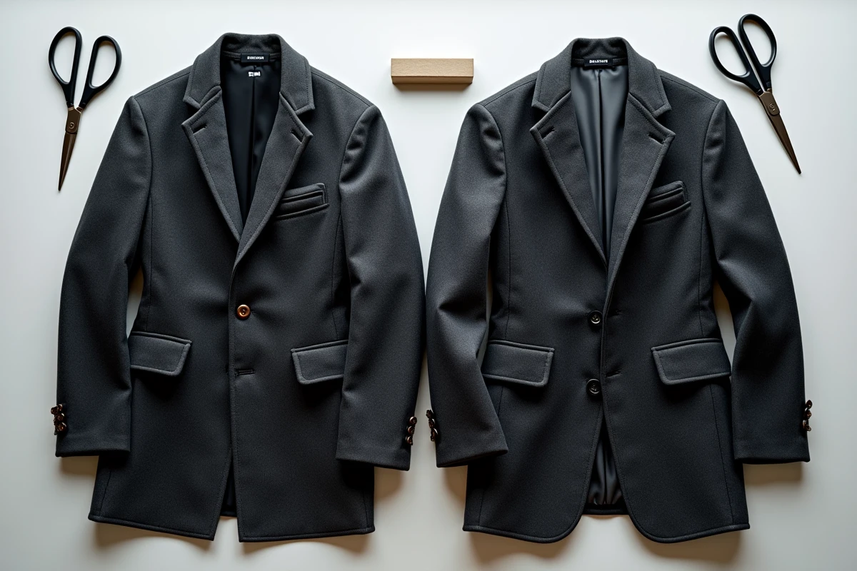 Comparaison côte à côte d'un manteau aux poches cousues et d'un manteau aux poches ouvertes sur une table de tailleur