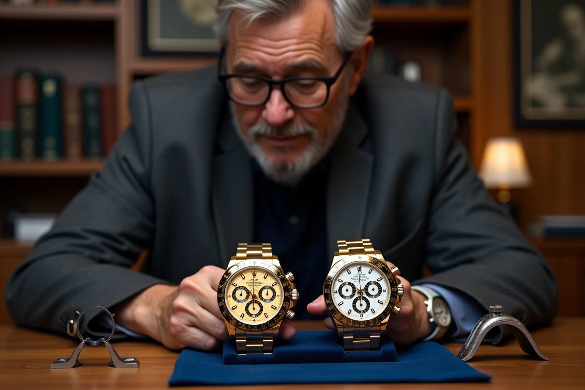 Collectionneur comparant deux Rolex Daytona en or jaune et or blanc sur plateau de velours chez un horloger