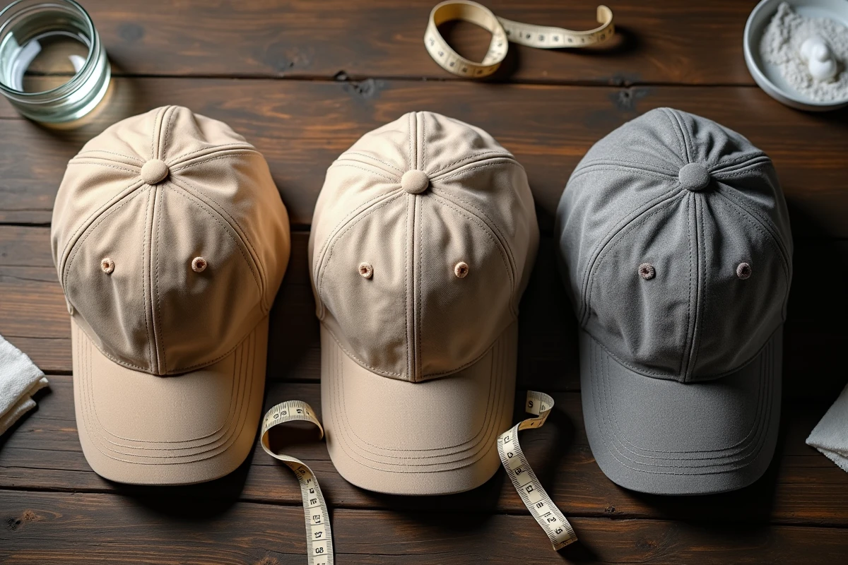 Comparaison de casquettes en différents matériaux avec mètre ruban pour anticiper le retrait au lavage