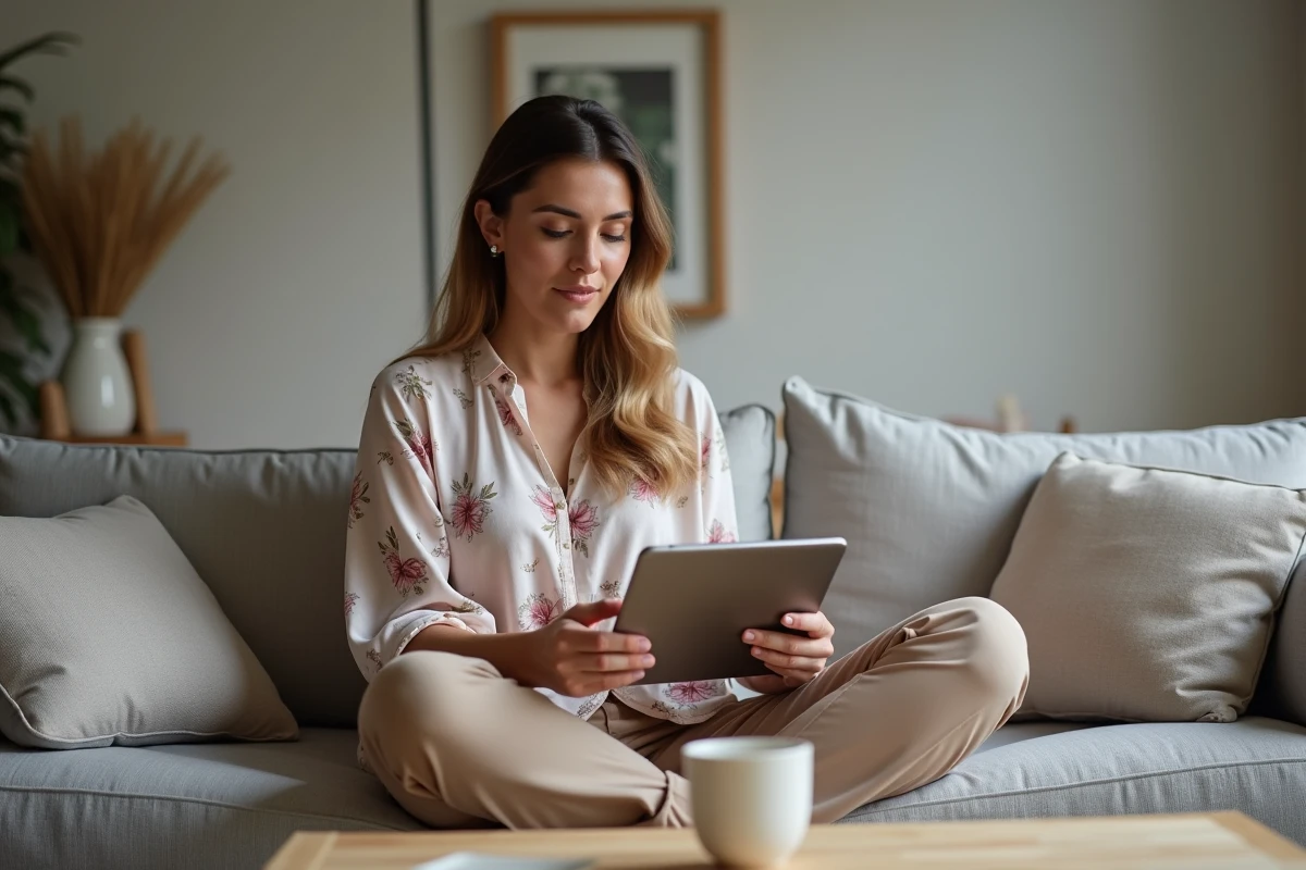 Femme consultant la confirmation d'annulation d'une commande Shein sur une tablette dans son salon
