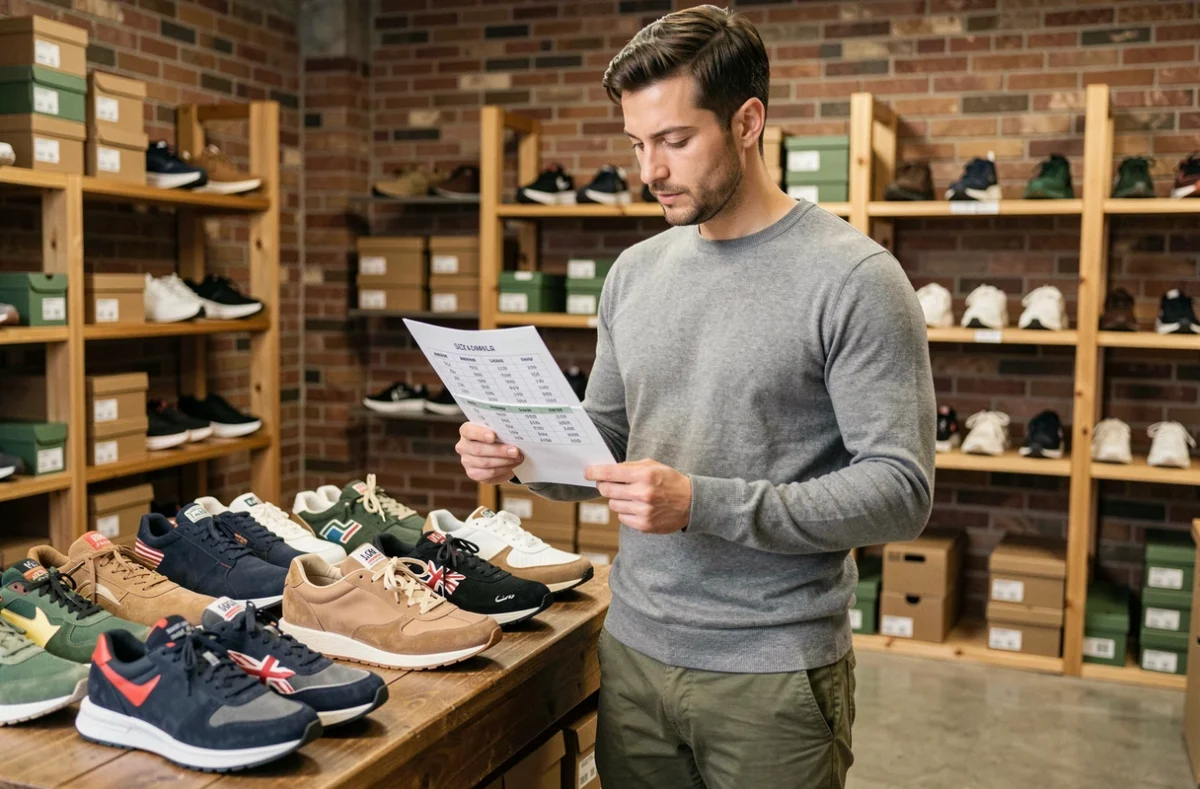 Homme consultant un guide de conversion de pointures devant un étalage de chaussures en boutique