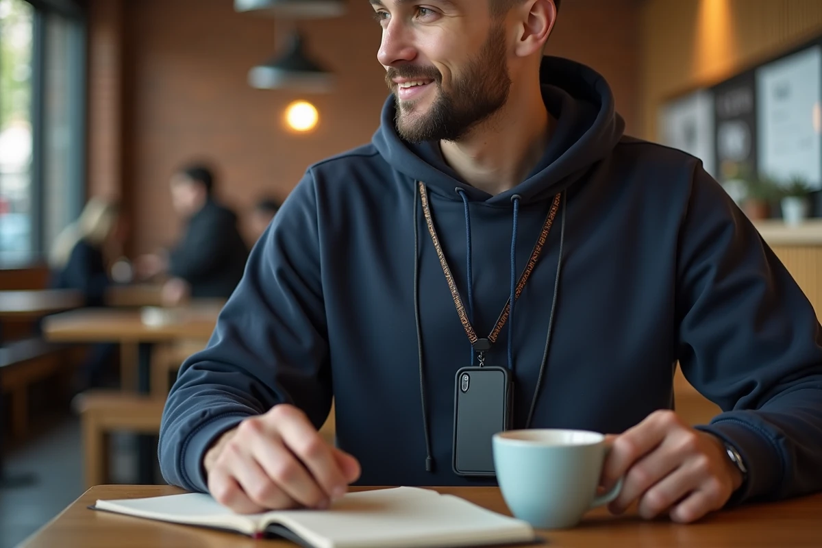 Homme assis dans un café avec son téléphone accroché à un cordon tour de cou fixé sur une coque robuste