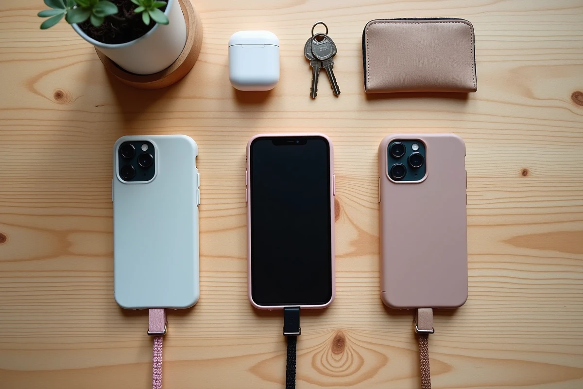 Vue de dessus de plusieurs coques de téléphone avec cordons de différents styles posées sur une surface en bois clair