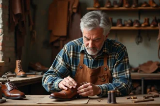 Cordonnier expérimenté réparant une chaussure Oxford en cuir brun dans son atelier artisanal
