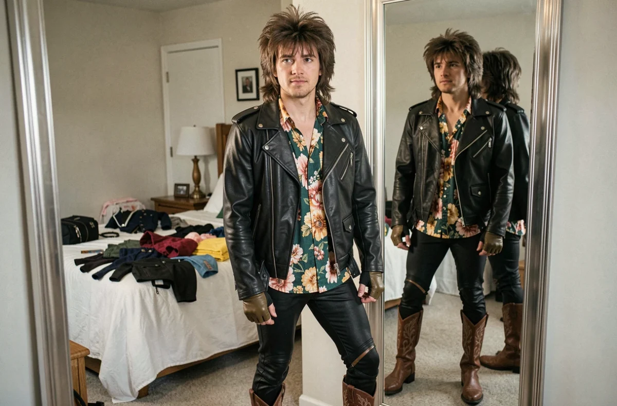 Homme essayant un costume rock années 80 avec des erreurs de style comme une perruque mullet de travers et des vêtements dépareillés devant un miroir