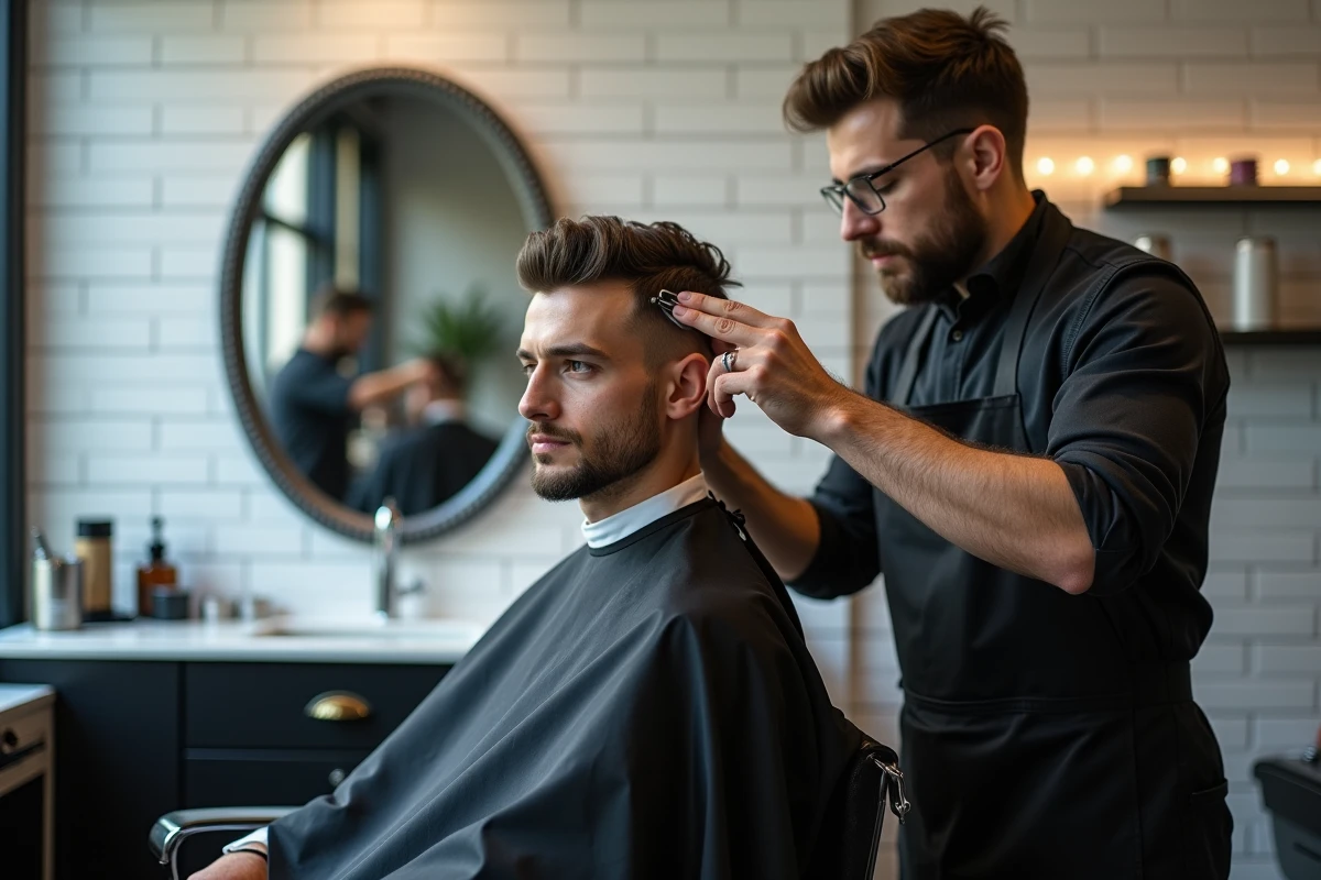 Barbier professionnel en train de réaliser une coupe couronne sur un client dans un salon de coiffure masculin moderne