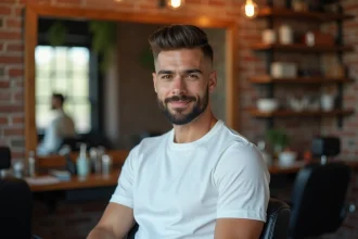Homme aux cheveux coupés en coupe couronne assis dans un fauteuil de barbier moderne avec un dégradé net sur les côtés