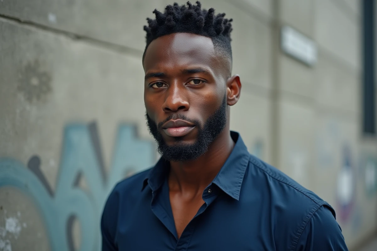 Portrait urbain d'un homme avec une coupe couronne aux contours nets et des boucles serrées sur un fond de mur en béton