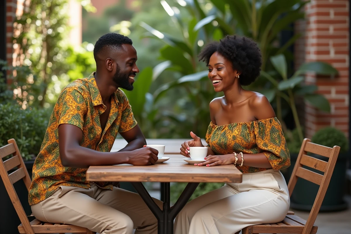 Couple en tenues africaines harmonisées assis en terrasse de café avec imprimés wax vert et terracotta