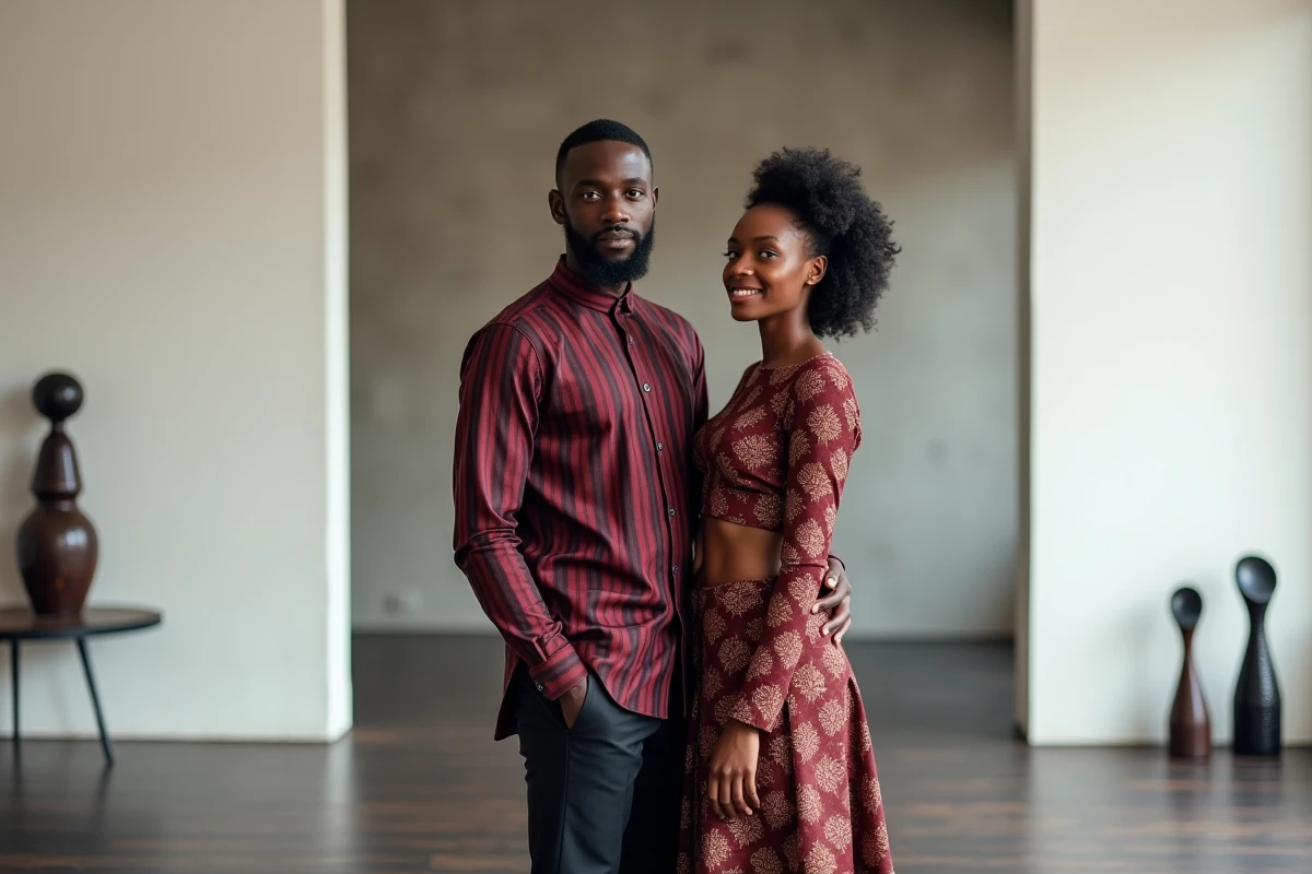 Couple élégant en tenues africaines harmonisées boubou et wax bordeaux dans un intérieur minimaliste moderne