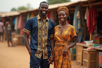 Couple portant des chemises africaines coordonnées en wax indigo et ocre dans un marché coloré
