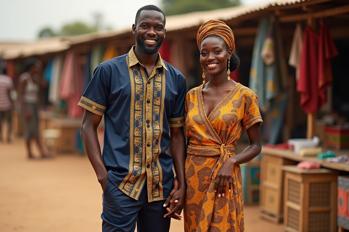 Couple portant des chemises africaines coordonnées en wax indigo et ocre dans un marché coloré