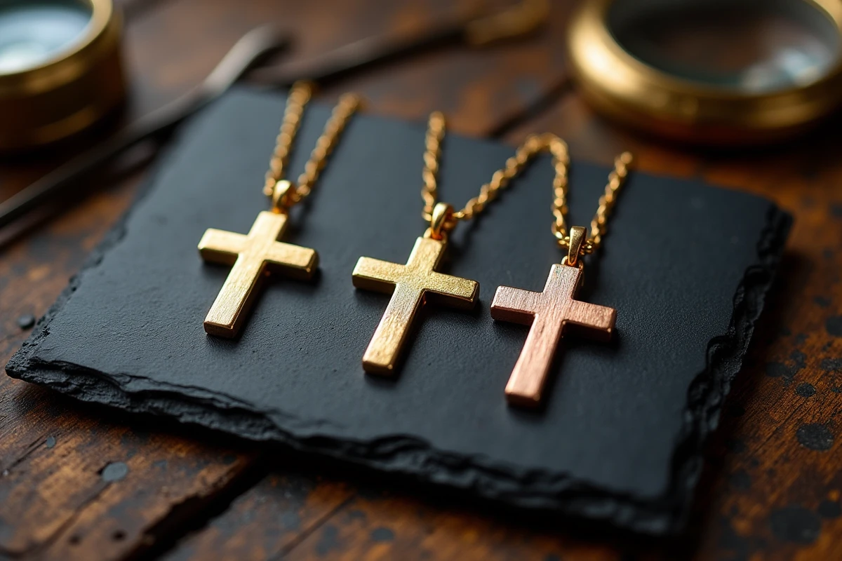 Trois croix en or personnalisées avec finitions différentes : or poli, brossé et or rose, disposées sur un plateau d'atelier
