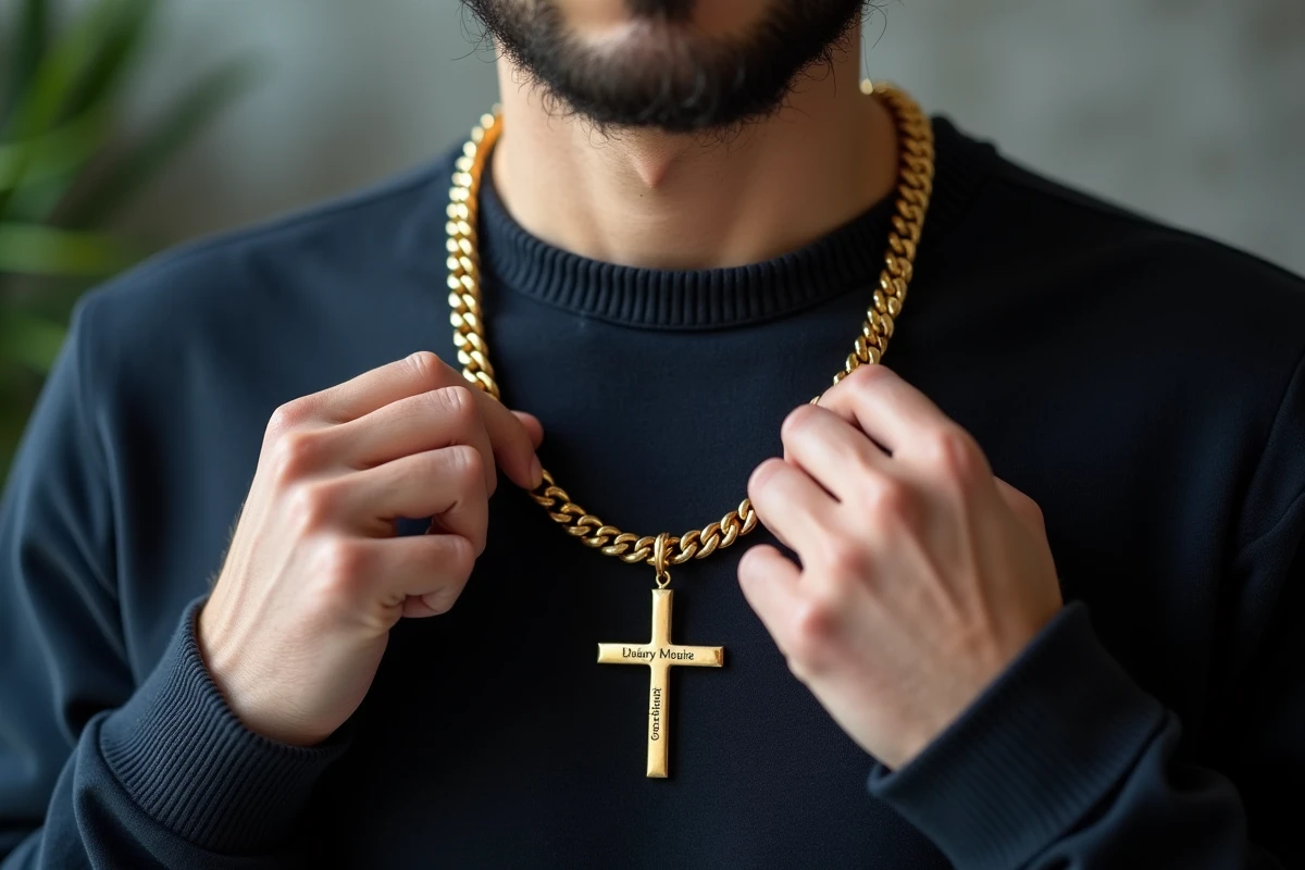 Homme portant une grosse croix en or sur chaîne épaisse avec prénom gravé, en pull bleu marine dans un appartement contemporain
