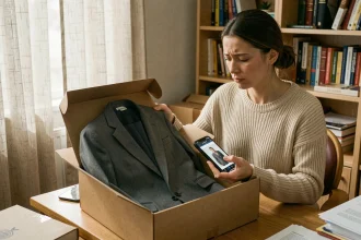 Femme déçue comparant un vêtement de couture reçu en ligne avec la photo du site, assise à un bureau avec des emballages ouverts