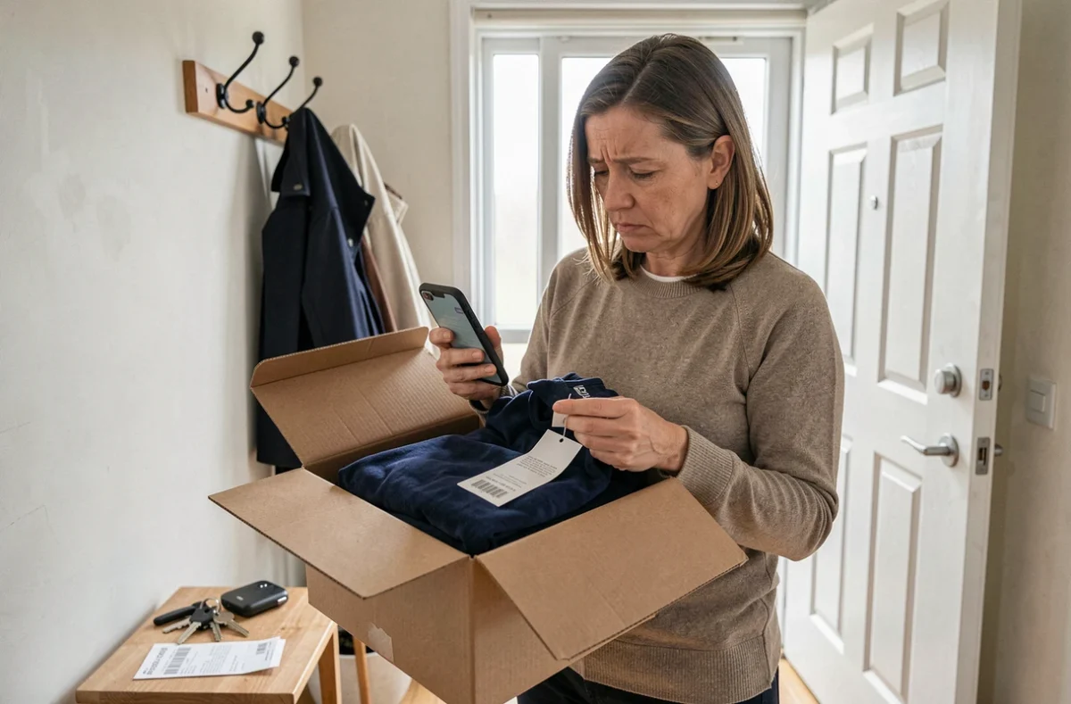 Femme déçue découvrant une erreur de taille après réception d'un pilou pilou adulte bleu marine livré à domicile