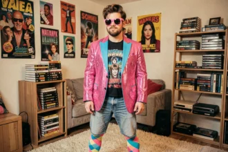 Homme en déguisement années 80 avec des erreurs de style criantes : couleurs neon qui clashent, blazer sequin mal porté et jeans acid-wash