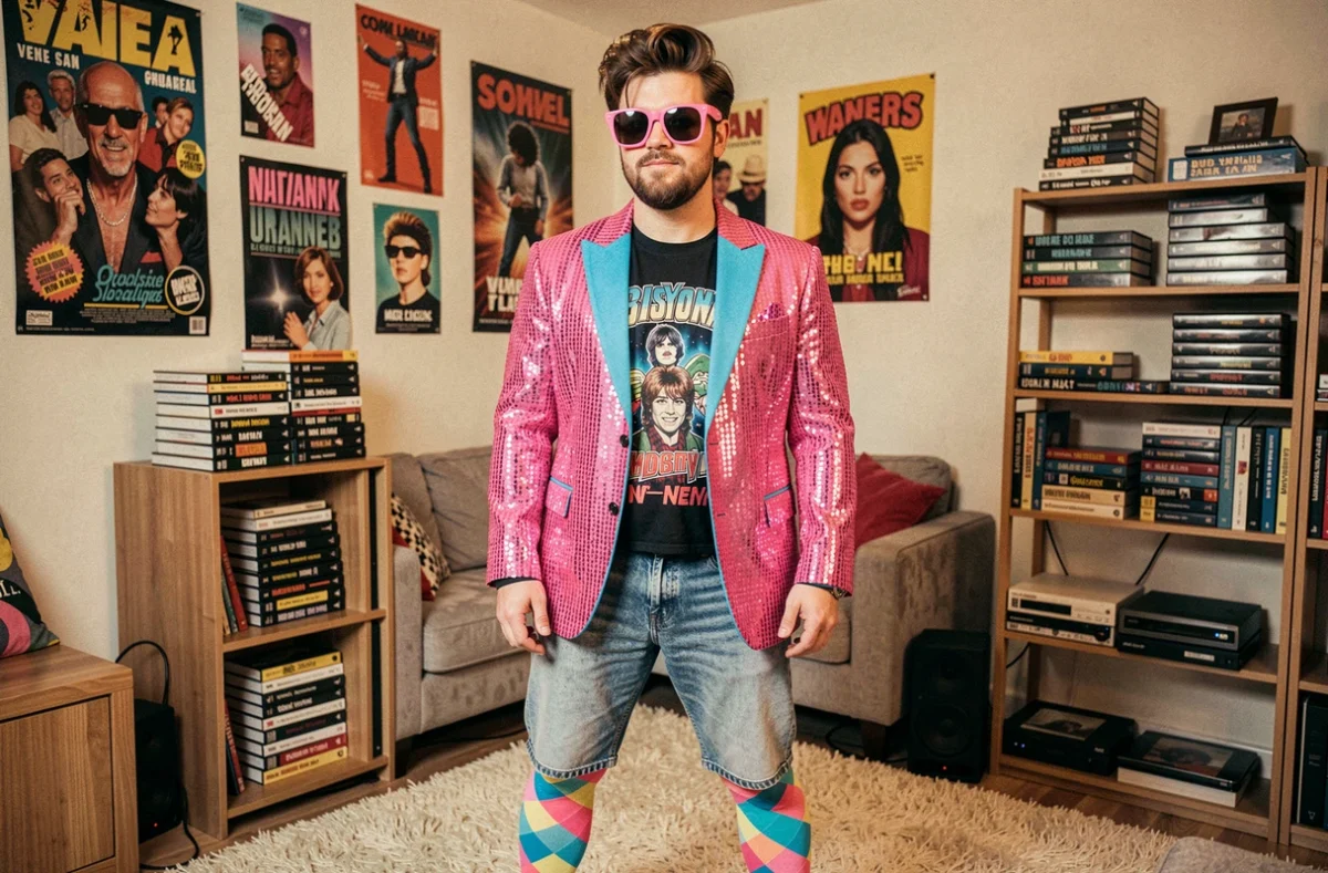 Homme en déguisement années 80 avec des erreurs de style criantes : couleurs neon qui clashent, blazer sequin mal porté et jeans acid-wash