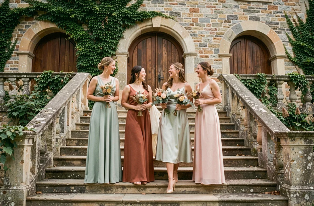 Groupe de demoiselles d'honneur en robes complémentaires au vert d'eau devant un château rustique, palette de couleurs harmonieuse pour un mariage champêtre
