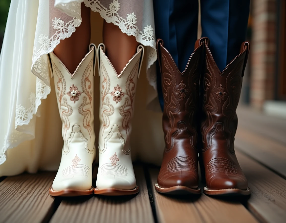 Détail des bottes cowboy de mariés posées sur plancher en bois, style western chic pour mariage country