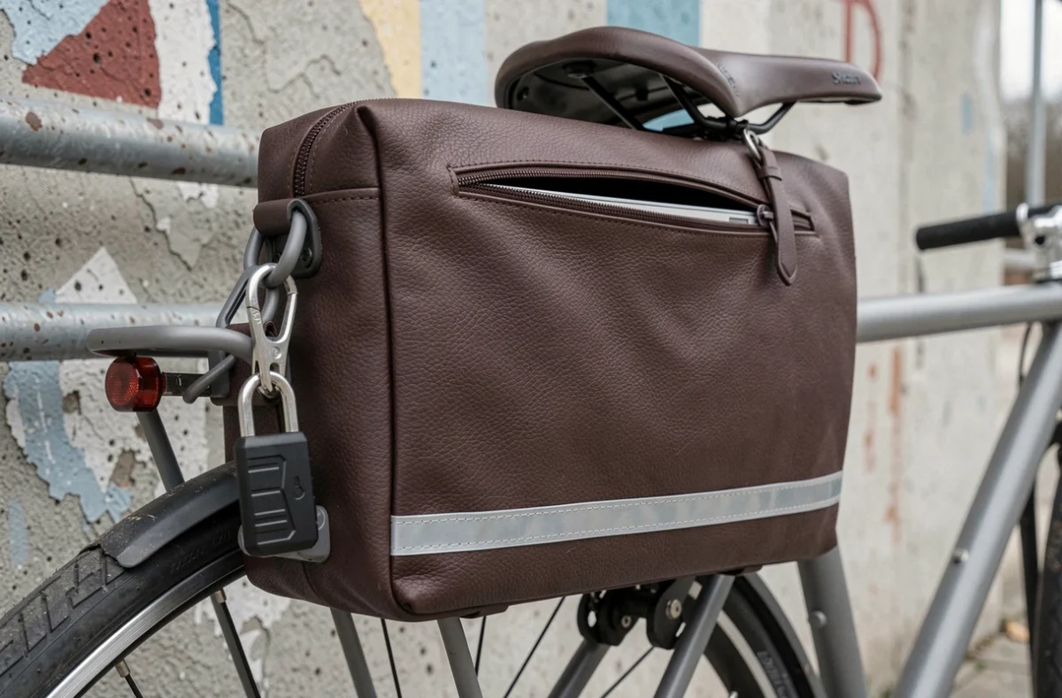 Gros plan d'une sacoche en cuir marron foncé fixée sur le porte-bagage d'un vélo urbain avec bande réfléchissante et cadenas