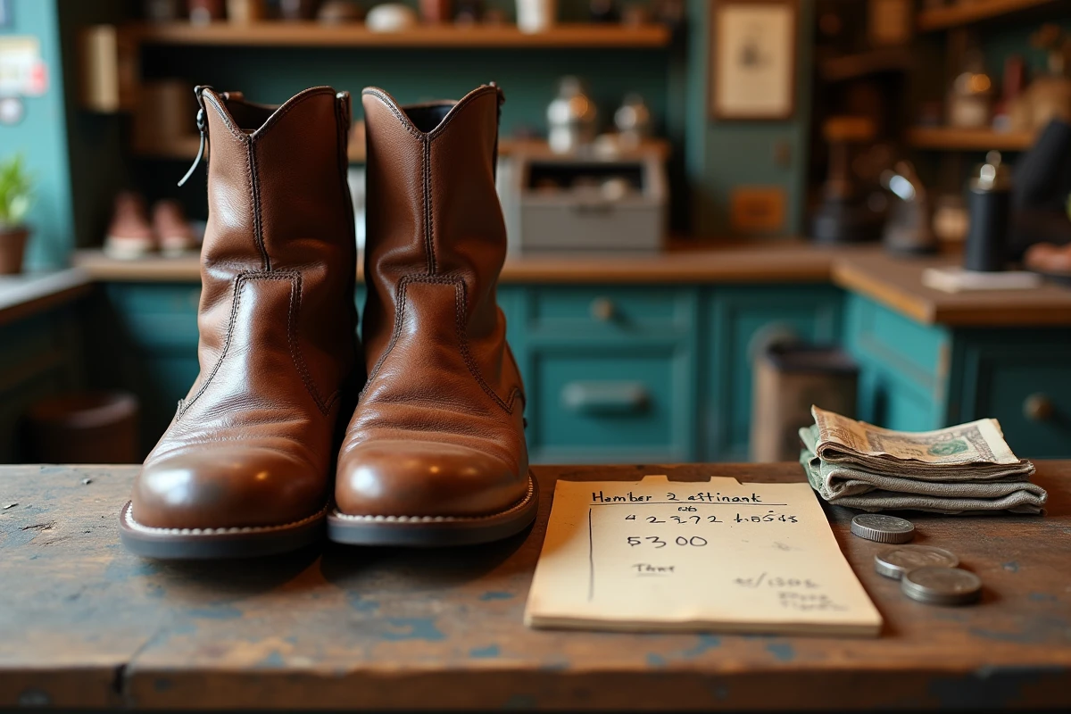 Chaussures en cuir usées déposées chez le cordonnier avec un devis manuscrit et des pièces de monnaie