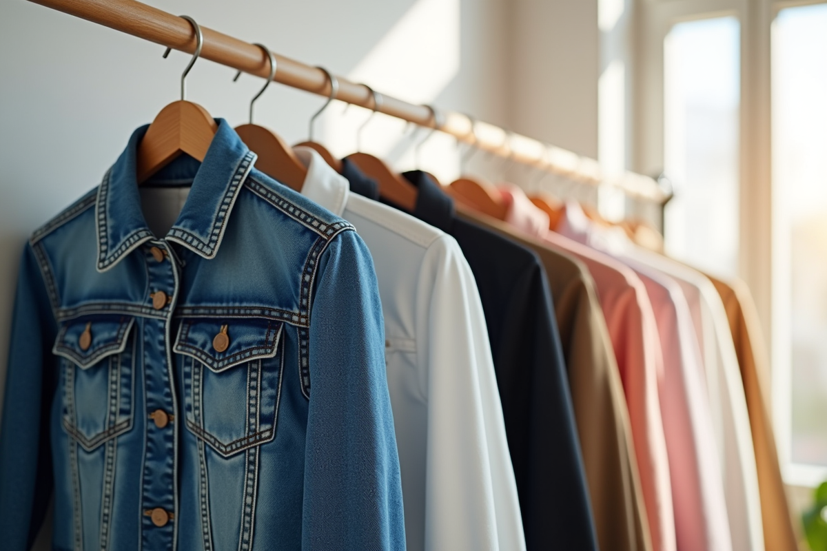Vêtements en denim de différentes couleurs suspendus dans une pièce lumineuse