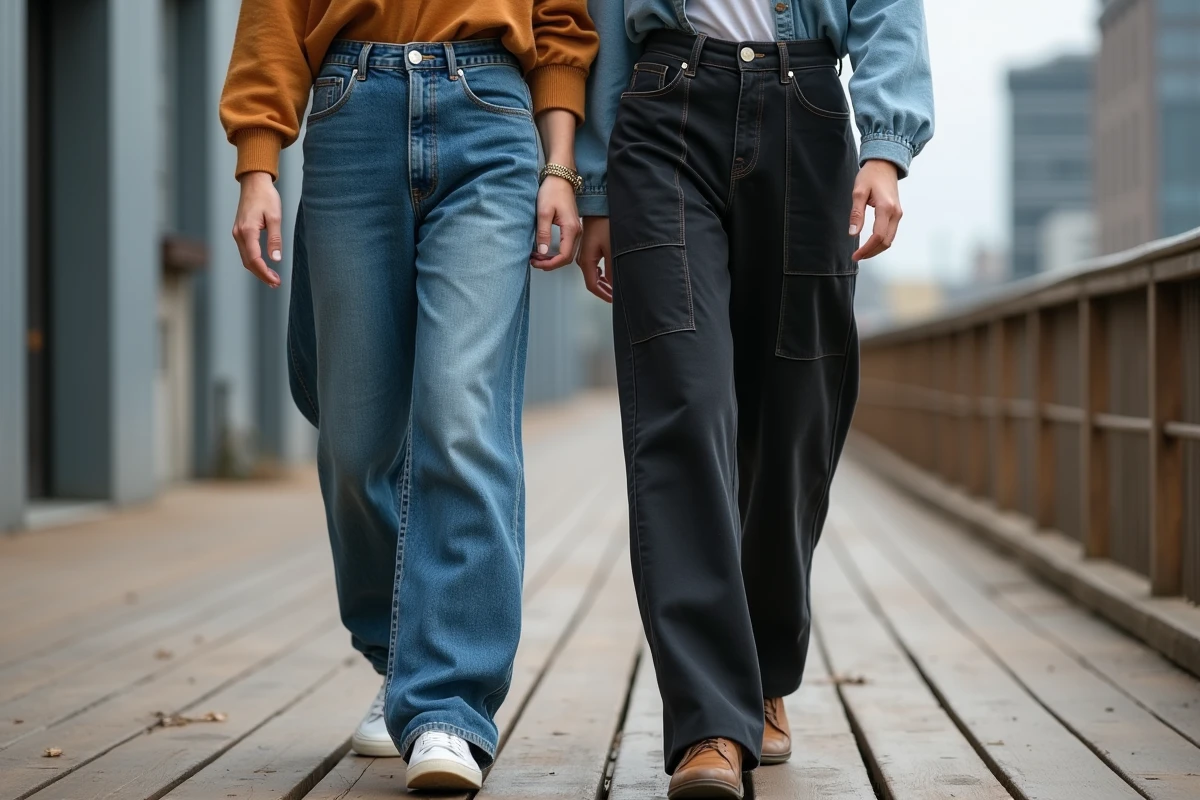 Deux amis marchant côte à côte en baggy jeans aux styles différents sur une promenade en bois près d'un quartier industriel côtier