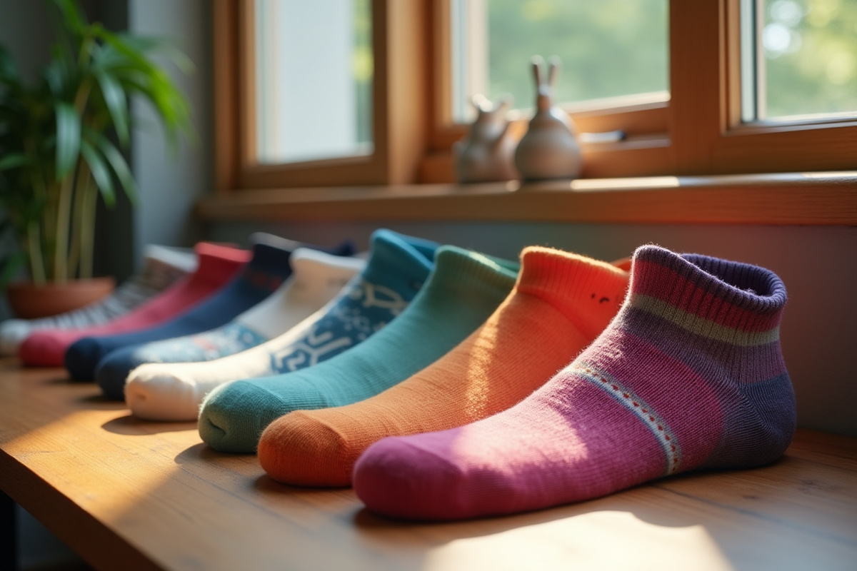 Affichage organisé de chaussettes colorées sur une table en bois