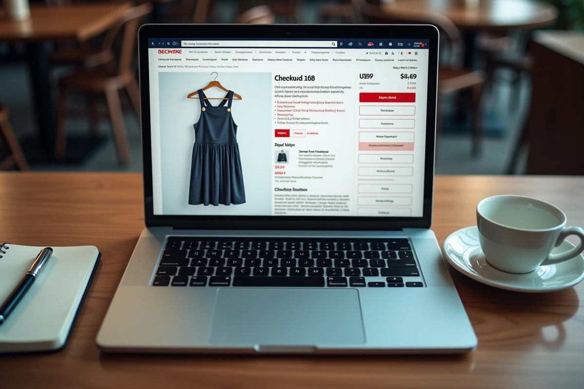 Gros plan d'un écran de panier en ligne affichant des frais suspects sur un site de vêtements douteux