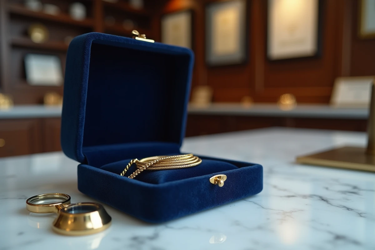 Écrin en velours bleu marine avec une chaîne en or 18 carats, étiquette de prix et loupe de bijoutier sur marbre blanc