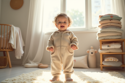 Enfant souriant en tenue 2T dans une nurserie lumineuse