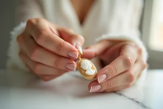 Femme tenant délicatement un pendentif camée en or au-dessus d'une surface en marbre blanc, illustrant l'entretien délicat d'un bijou camée