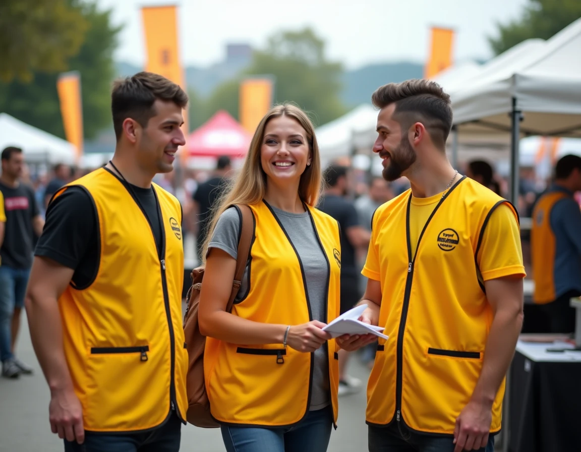 Équipe de personnel événementiel portant des gilets jaunes personnalisés assortis avec logo sponsor lors d'un événement d'entreprise en plein air