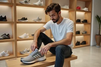 Homme essayant une chaussure Adidas en magasin pour vérifier le bon pointage selon le modèle