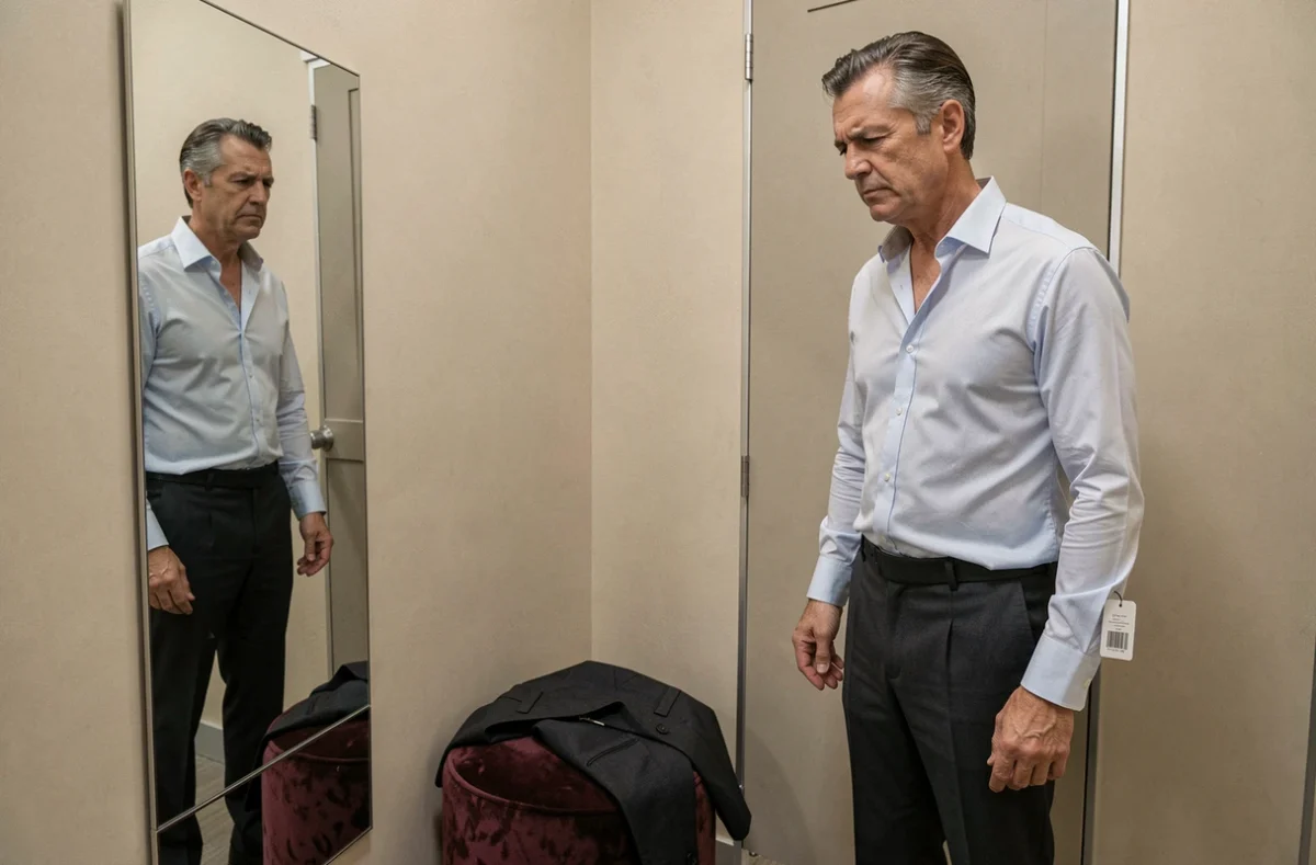 Homme essayant une chemise de couture mal ajustée dans une cabine d'essayage, regardant le mauvais ajustement dans un miroir