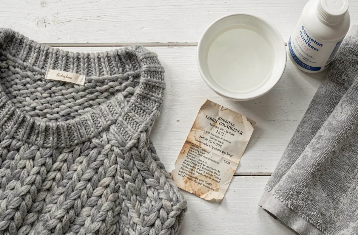 Vue du dessus d'un pull en laine rétréci avec une étiquette d'entretien illisible et des accessoires pour tenter de le récupérer