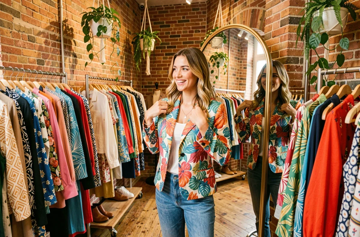 Femme essayant une veste colorée dans la boutique Fab'S prêt-à-porter à Fontainebleau