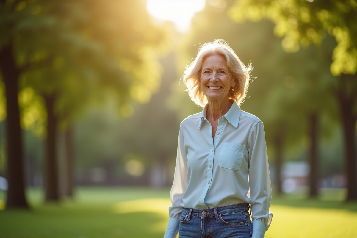 Femme âgée en jeans dans un parc ensoleille