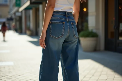 Jeune femme portant un baggy jean indigo à coupe large dans une rue urbaine, détails en gros plan sur les rivets cuivre et l'ourlet effiloché