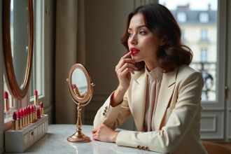 Femme élégante se regardant dans un miroir à Paris