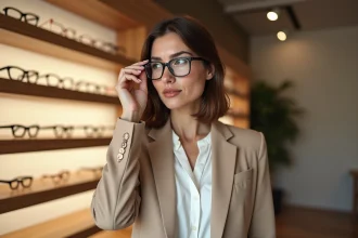 Femme élégante dans une boutique de lunettes moderne