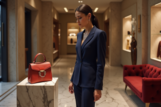 Femme élégante dans une boutique de luxe admire un sac à main