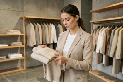Femme élégante examinant des vêtements dans une boutique de mode parisienne minimaliste aux murs en béton