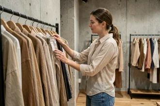 Femme explorant un rayon de vêtements dans une boutique indépendante au style minimaliste, symbolisant la découverte de la catégorie vestimentaire Sonstiges Clothing