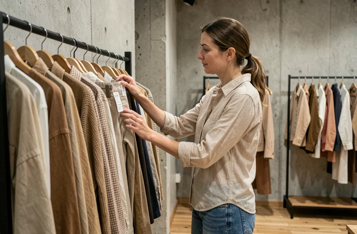 Femme explorant un rayon de vêtements dans une boutique indépendante au style minimaliste, symbolisant la découverte de la catégorie vestimentaire Sonstiges Clothing