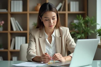 Femme contemplant un bracelet en or dans un bureau lumineux
