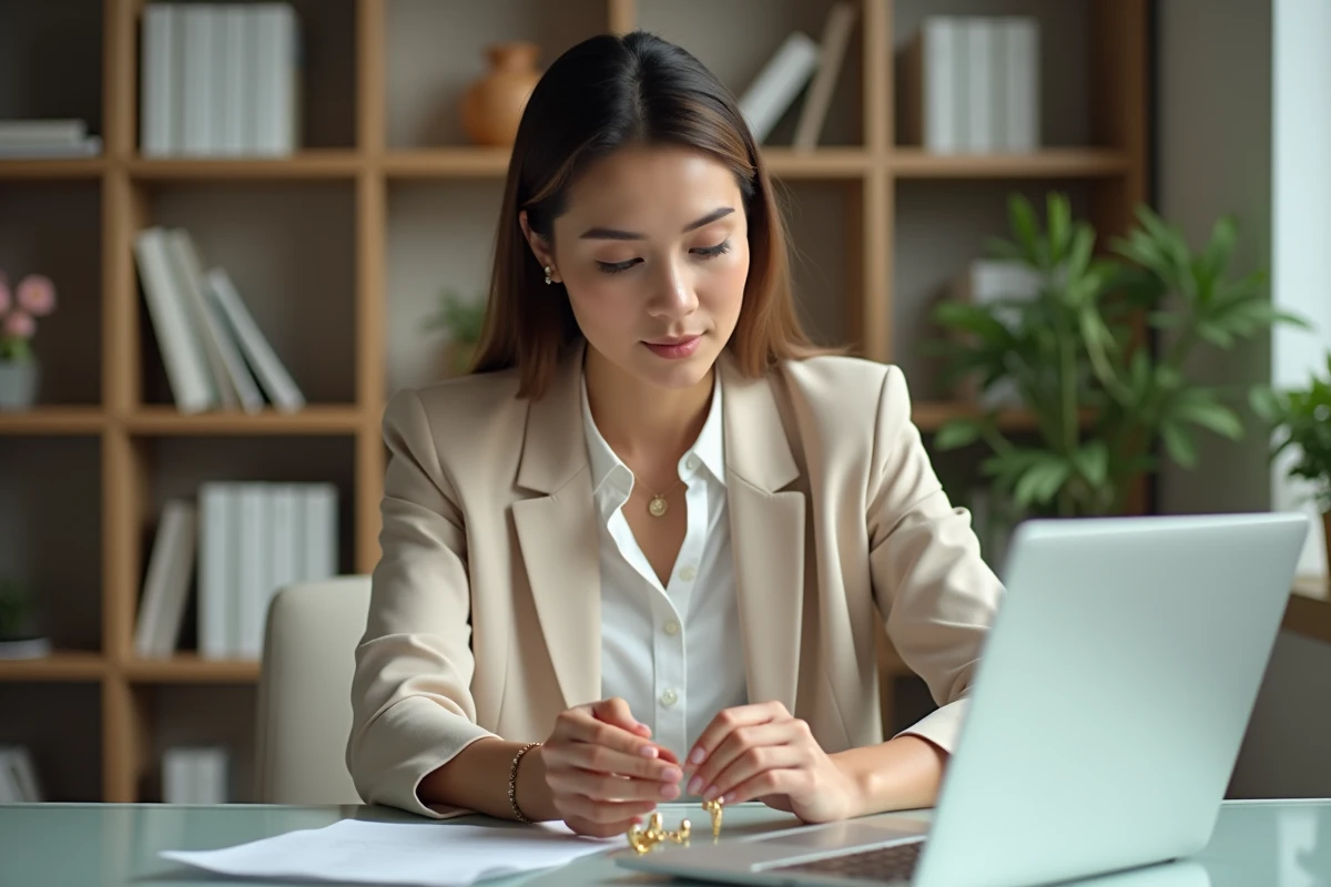 Femme contemplant un bracelet en or dans un bureau lumineux