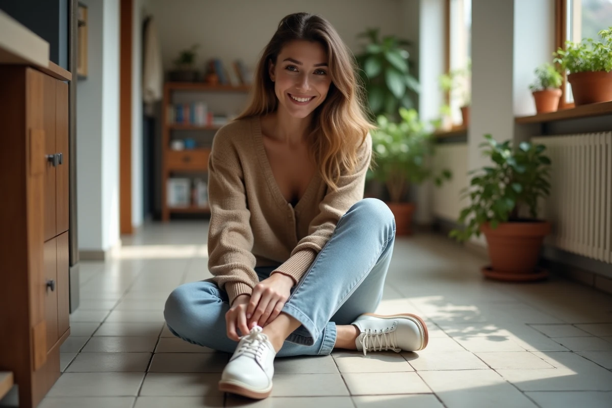Jeune femme polissant une chaussure en cuir blanc dans un appartement