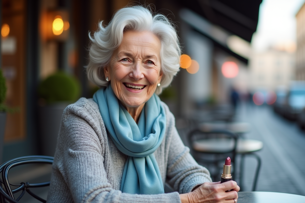 Femme souriante assise dans un café en plein air avec foulard bleu